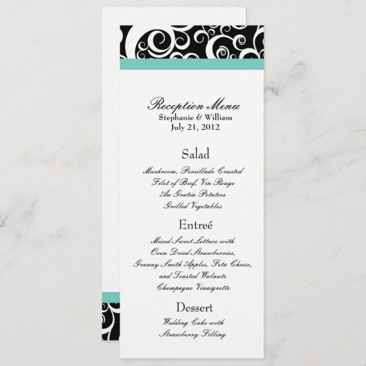 Elégant Damask Swirls Reception Menu en Aqua (Devant / Derrière)