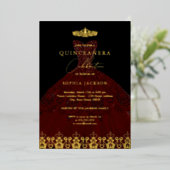Elegant Damask Tiara Red Gold Quinceanera Folie Uitnodiging (Staand Voorkant)