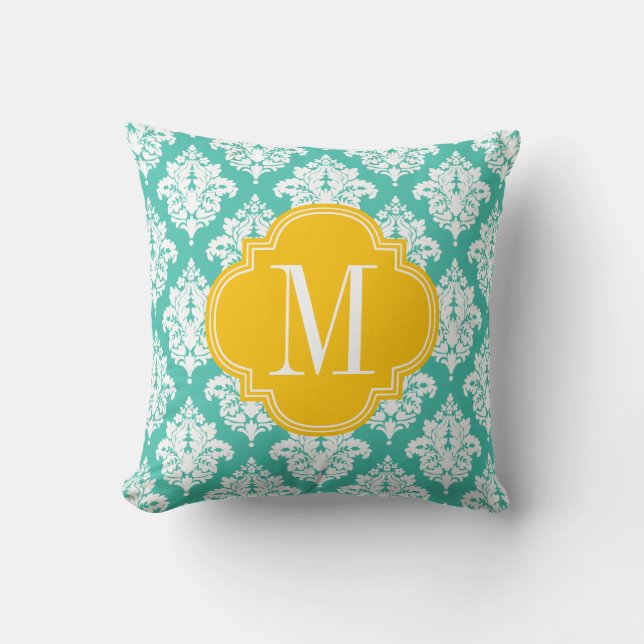 Elegant Damask Turquoise & Yellow Custom Monogramm Kussen (Voorkant)