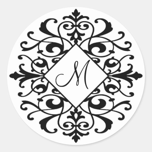 Elegant Damask Zwart Wit Scroll Monogram Initiaal Ronde Sticker (Voorkant)