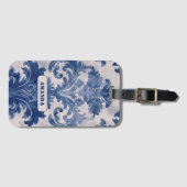 Elegant damast Blauw toile de jouy monogram Bagagelabel (Voorkant (horizontaal))
