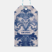 Elegant damast Blauw toile de jouy monogram Cadeaulabel (Voorkant)