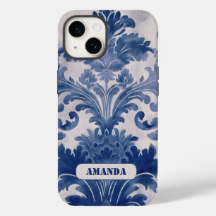 Elegant damast Blauw toile de jouy monogram Case-Mate iPhone 14 Hoesje