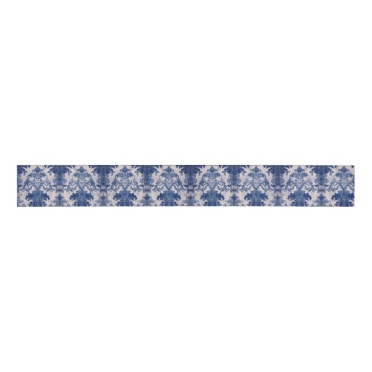 Elegant damast Blauw toile de jouy monogram Grosgrain Lint (Voorkant)