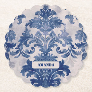 Elegant damast Blauw toile de jouy monogram Kartonnen Onderzetters