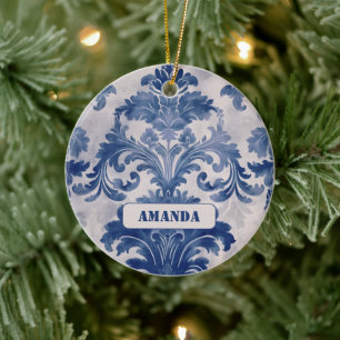 Elegant damast Blauw toile de jouy monogram Keramisch Ornament