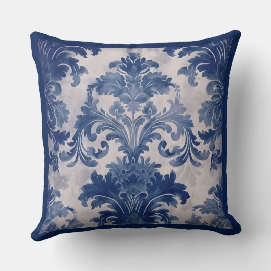 Elegant damast Blauw toile de jouy monogram Kussen (Achterkant)