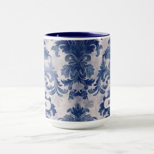 Elegant damast Blauw toile de jouy monogram Mok (Midden)
