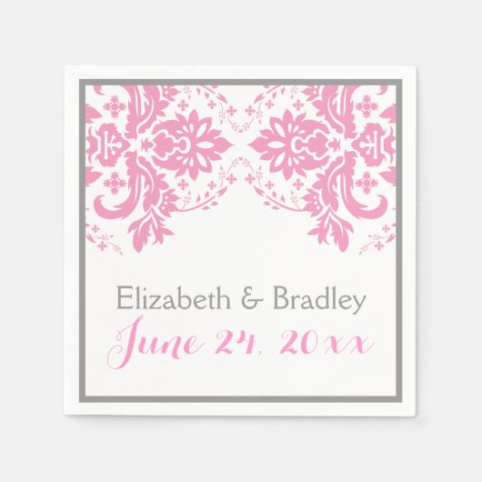 Elegant damast motief roze, grijze bruiloft servetten (Voorkant)