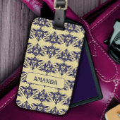 Elegant damast navy Blauw geel monogram Bagagelabel