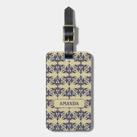 Elegant damast navy Blauw geel monogram Bagagelabel (Voorkant verticaal)