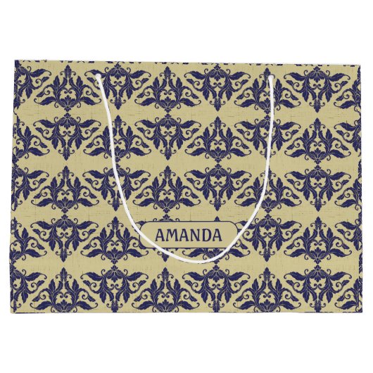 Elegant damast navy Blauw geel monogram M Groot Cadeauzakje (Achterkant)