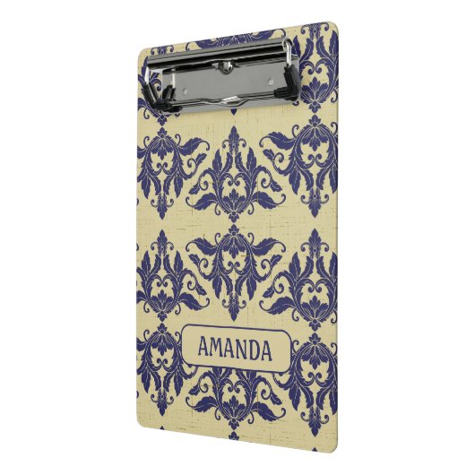 Elegant damast navy Blauw geel monogram Mini Klembord (Angled2)