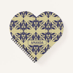 Elegant  damast navy Blauw geel monogram Notitieboek