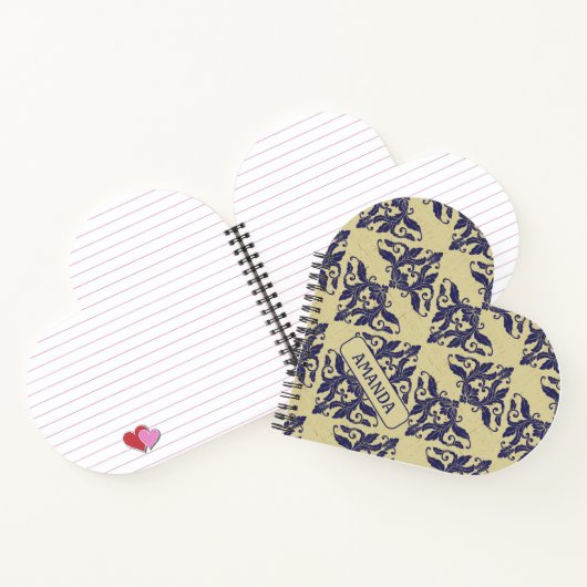 Elegant damast navy Blauw geel monogram Notitieboek (Binnen)