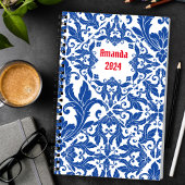 Elegant  damast navy Blauw geel monogram Planner