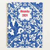 Elegant  damast navy Blauw geel monogram Planner (Voorkant)