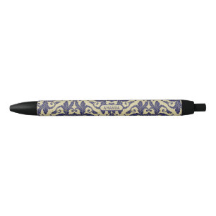 Elegant  damast navy Blauw geel monogram Zwarte Inkt Pen