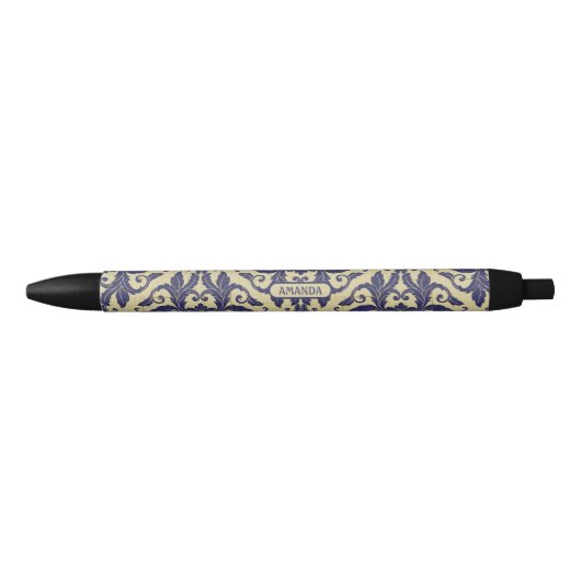 Elegant damast navy Blauw geel monogram Zwarte Inkt Pen (Voorkant)