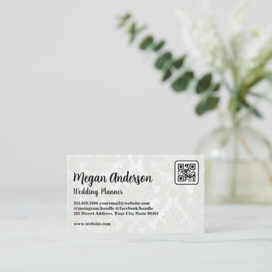 Elegant Damast Patroon | QR Code Afsprakenkaartje (Staand voorkant)