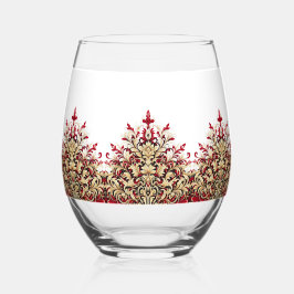 Elegant Damast Rood en Goud Patroon Wijnglas Zonder Voet