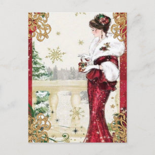 Elegant dame met kerstcadeau briefkaart