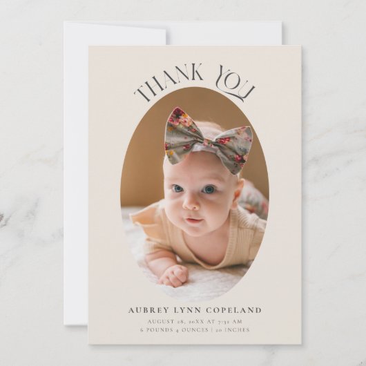 Elegant Dank u Oval Cream Baby Foto Aankondiging (Voorkant)