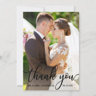 Elegant dank u zwart script bruiloft fotokaart bedankkaart