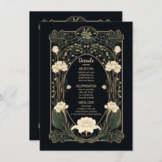Elegant Dark Art Nouveau Mariage Détails Carte (Devant / Derrière)