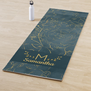 Elegant Dark Blauwgroen Blue & Gold Foil Floral Mo Yogamat
