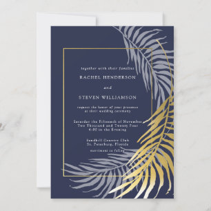 Elegant Dark Blue en White Tropical Wedding Kaart
