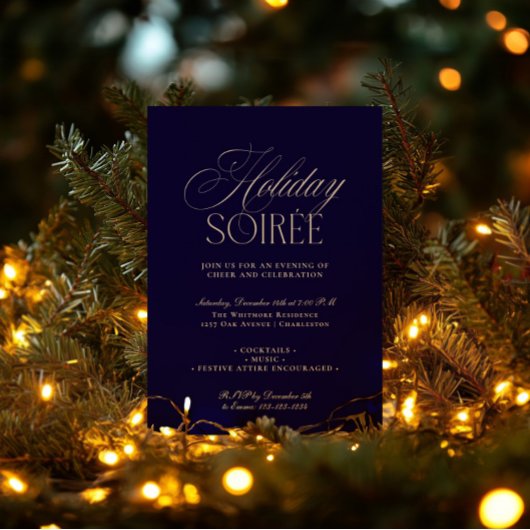 Elegant Dark Blue Holiday Dinner Party Invitation