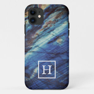 Elegant Dark Blue Labradorite Monogram iPhone 11 Hoesje