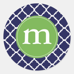 Elegant Dark Blue Moroccan Quatrefoil gepersonalis Ronde Sticker