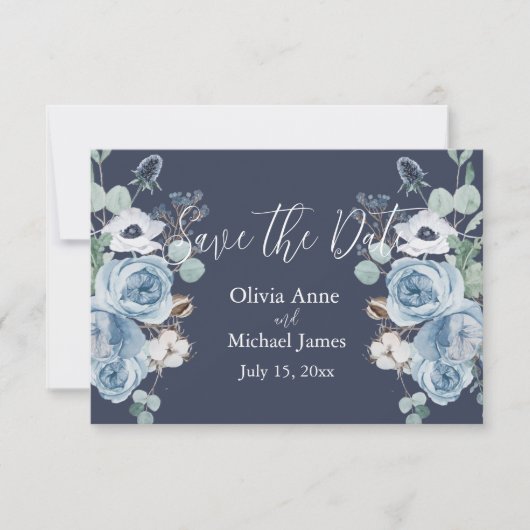 Elegant Dark Blue & White Floral Script Save The Date (Voorkant)