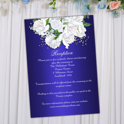 Elegant Dark Blue, White Roses Wedding Reception Informatiekaartje