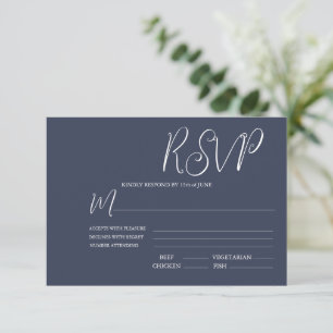 Elegant Dark Blue & White Wedding RSVP Kaart