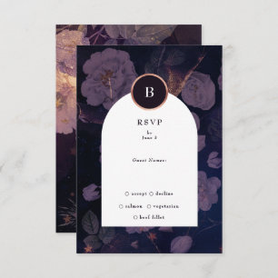 Elegant Dark Boho Floral Arch Roos Gold Wedding RSVP Kaartje