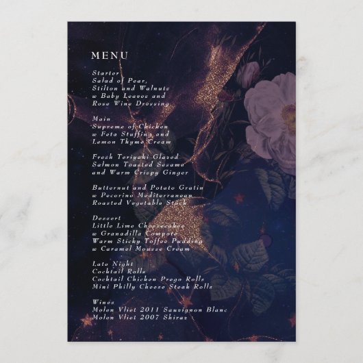 Elegant Dark Boho Floral Paarse Fantasy Wedding Menu (Voorkant)