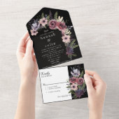 Elegant Dark Floral Cascade Black Burgundy All In One Uitnodiging (Afscheurbaar)