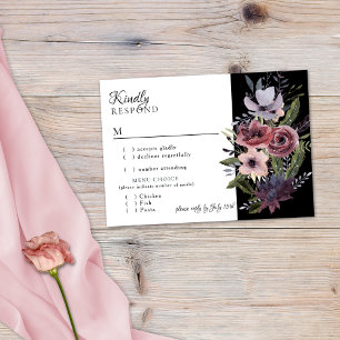 Elegant Dark Floral Cascade Black Burgundy RSVP Ca Kaartje