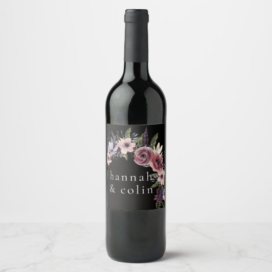 Elegant Dark Floral Cascade Black Burgundy Wijn Etiket (Voorkant)