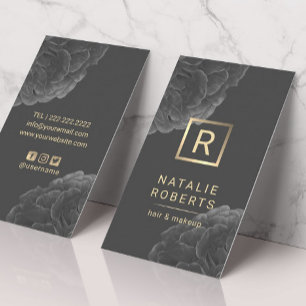 Elegant Dark Floral Gold Monogram Logo Hair Makeup Visitekaartje