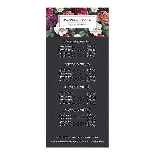 Elegant Dark Floral Logo | Prijsstelling Reclamekaart (Voorkant)