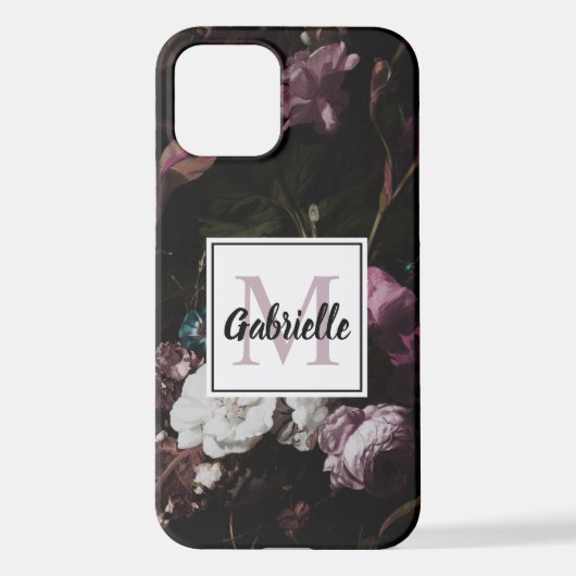 Elegant Dark Floral Monogram Script Name iPhone Hoesje (Achterkant)