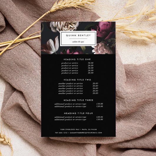 Elegant Dark Floral Pricing & Services Flyer