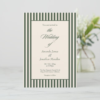 Elegant Dark Green Cream Vertical Stripes Wedding Kaart