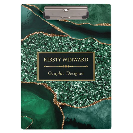 Elegant Dark Green en Gold Glitter Ocean Agate Klembord (Voorkant)