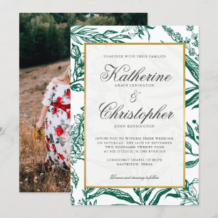 Elegant Dark Green Gold Botanical foto Weddenschap Kaart