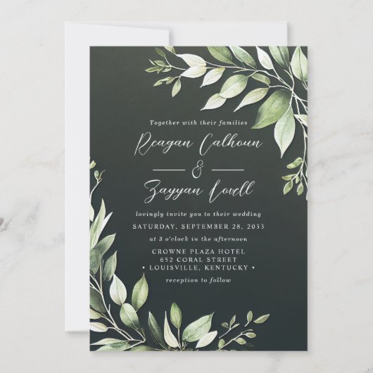 Elegant Dark Green Greenery laat het script bruilo Kaart (Voorkant)